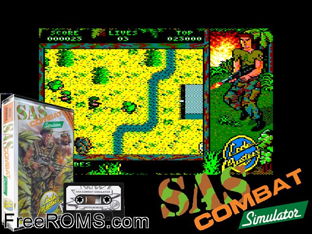 SAS Combat Simulator (UK) (1988) Amstrad CPC game showing 3D box cover and gameplay screenshot