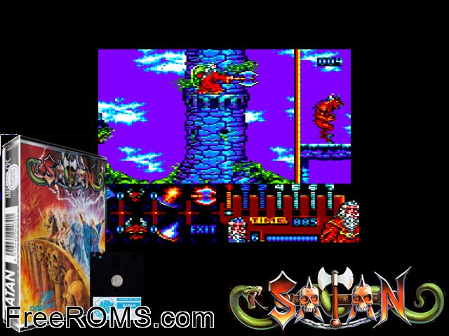 Satan (S) (1989) Amstrad CPC game showing 3D box cover and gameplay screenshot