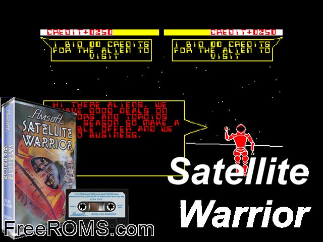 Sattelite Warrior (UK) (1985) Amstrad CPC game showing 3D box cover and gameplay screenshot