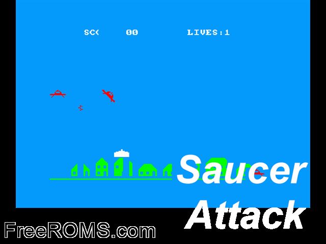 Saucer Attack (S) (19xx) Amstrad CPC game showing 3D box cover and gameplay screenshot