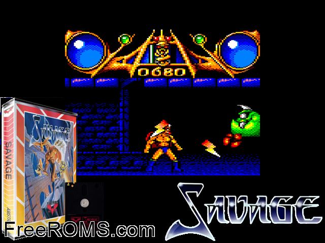 Savage (UK) (1988) (Disk 1 of 2) Amstrad CPC game showing 3D box cover and gameplay screenshot