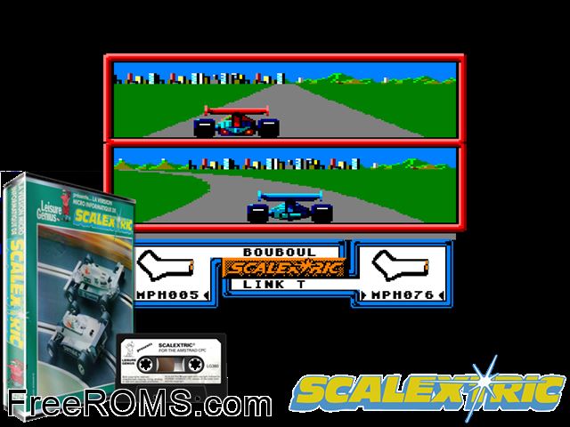 Scalextric (UK) (1987) Amstrad CPC game showing 3D box cover and gameplay screenshot