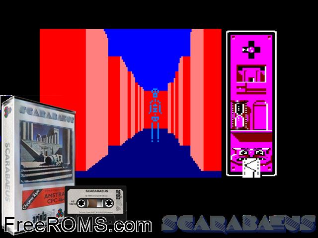 Scarabaeus (S) (19xx) Amstrad CPC game showing 3D box cover and gameplay screenshot