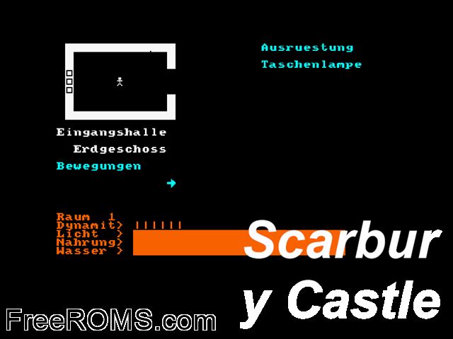 Scarbury Castle (G) (1985) Amstrad CPC game showing 3D box cover and gameplay screenshot