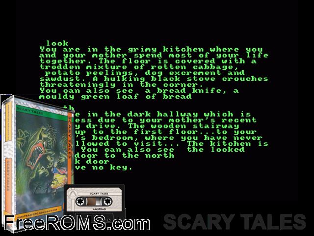 Scary Tales (UK) (1985) Amstrad CPC game showing 3D box cover and gameplay screenshot