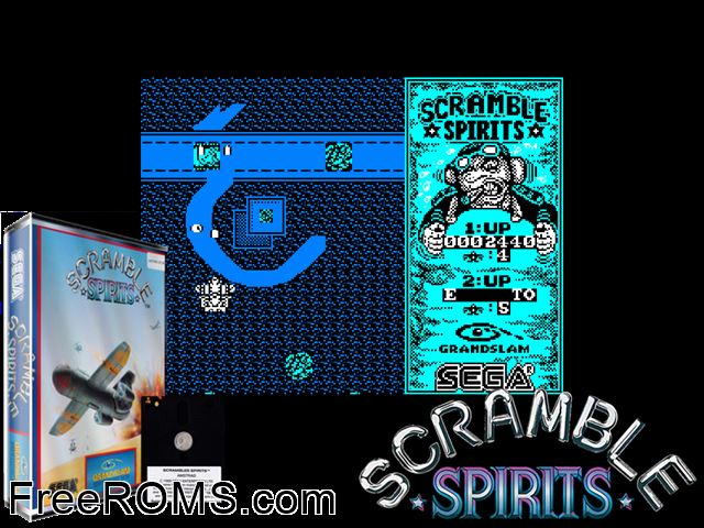 Scramble Spirits (UK) (1990) Amstrad CPC game showing 3D box cover and gameplay screenshot