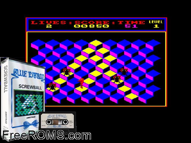 Screwball (UK) (1986) Amstrad CPC game showing 3D box cover and gameplay screenshot