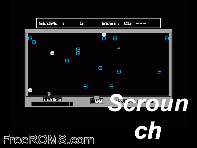 Scrounch (F) (1985) Amstrad CPC game showing 3D box cover and gameplay screenshot