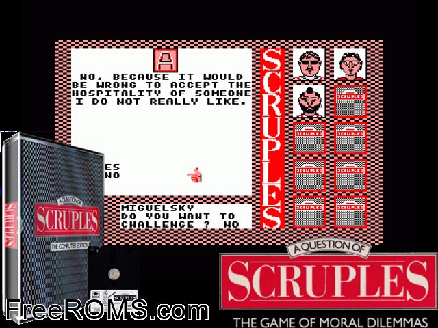 Scruples, A Question of (UK) (1987) (Disk 1 of 2) Amstrad CPC game showing 3D box cover and gameplay screenshot