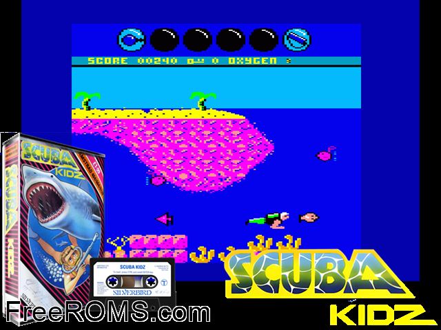 Scuba Kidz (UK) (19xx) Amstrad CPC game showing 3D box cover and gameplay screenshot