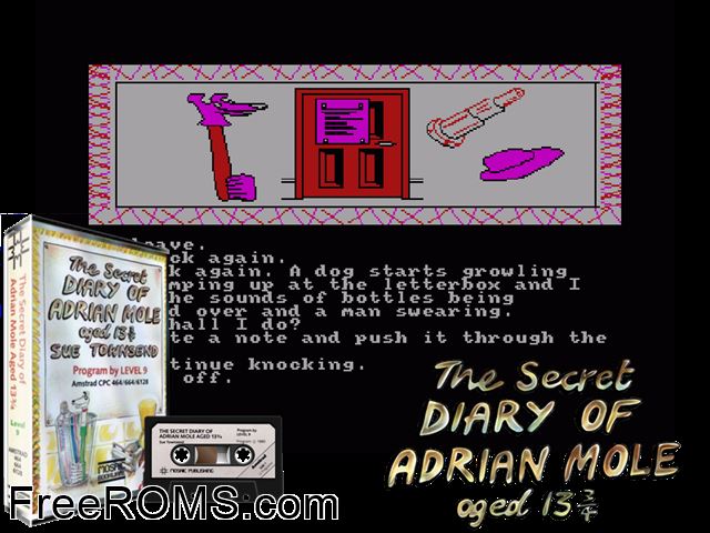 Secret Diary of Adrian Mole (UK) (1985) Amstrad CPC game showing 3D box cover and gameplay screenshot