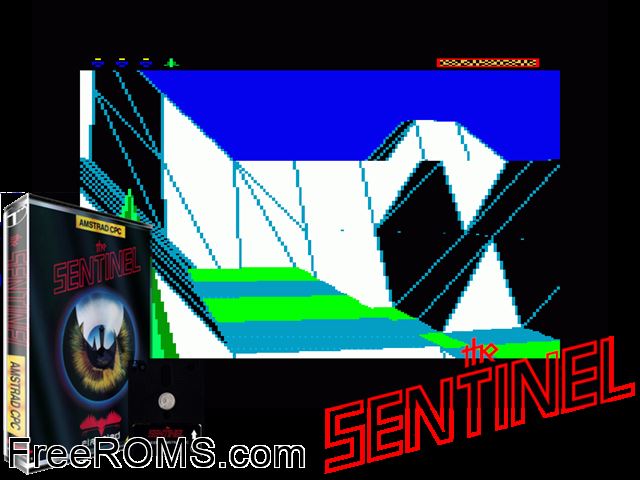 Sentinel (UK,F) (19xx) (PD) Amstrad CPC game showing 3D box cover and gameplay screenshot