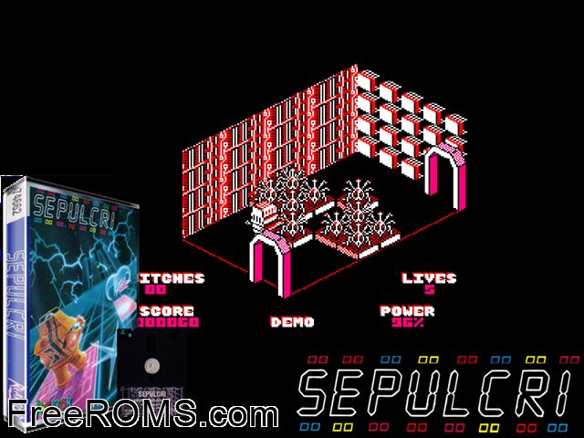 Sepulcri (UK) (1986) Amstrad CPC game showing 3D box cover and gameplay screenshot