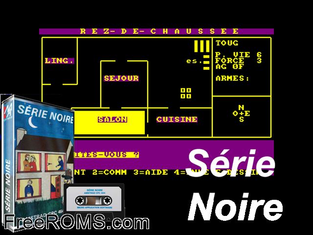 Serie Noire (F) (1985) Amstrad CPC game showing 3D box cover and gameplay screenshot