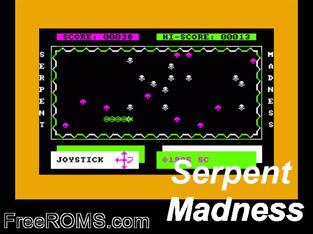 Serpent Madness (F) (1985) Amstrad CPC game showing 3D box cover and gameplay screenshot