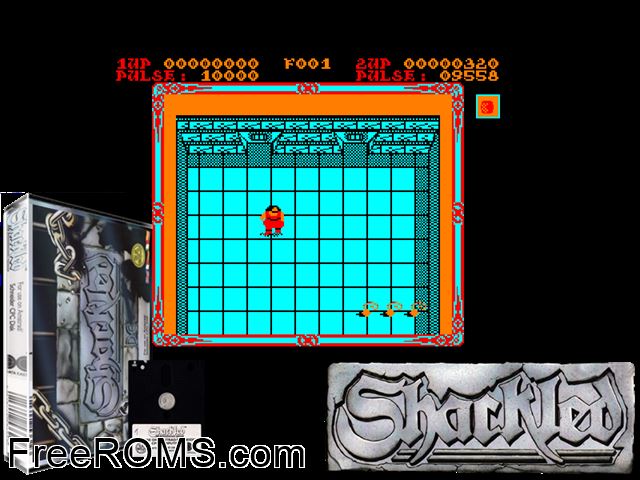 Shackled (UK) (1988) Amstrad CPC game showing 3D box cover and gameplay screenshot