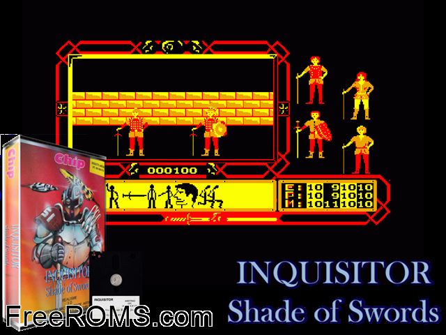 Shade of Swords - Inquisitor (F) (1988) Amstrad CPC game showing 3D box cover and gameplay screenshot