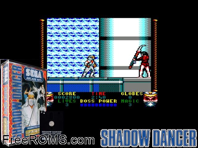 Shadow Dancer (UK) (1991) Amstrad CPC game showing 3D box cover and gameplay screenshot