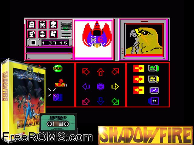 Shadow Fire (UK) (1986) Amstrad CPC game showing 3D box cover and gameplay screenshot