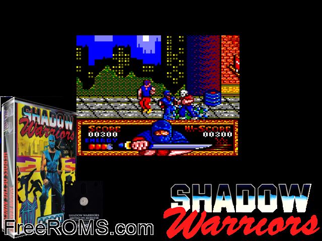 Shadow Warriors (UK) (1990) Amstrad CPC game showing 3D box cover and gameplay screenshot