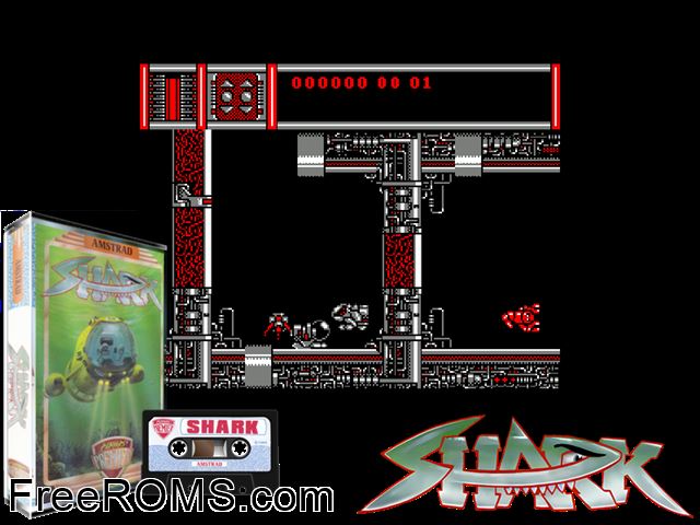 Shark (UK) (1989) Amstrad CPC game showing 3D box cover and gameplay screenshot