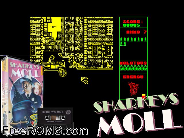 Sharkey's Moll (UK) (1991) Amstrad CPC game showing 3D box cover and gameplay screenshot