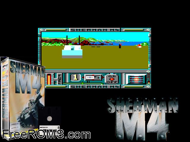 Sherman M4 (F) (1990) Amstrad CPC game showing 3D box cover and gameplay screenshot