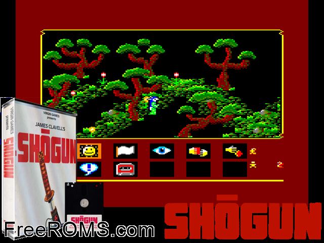 Shogun (UK) (1986) Amstrad CPC game showing 3D box cover and gameplay screenshot