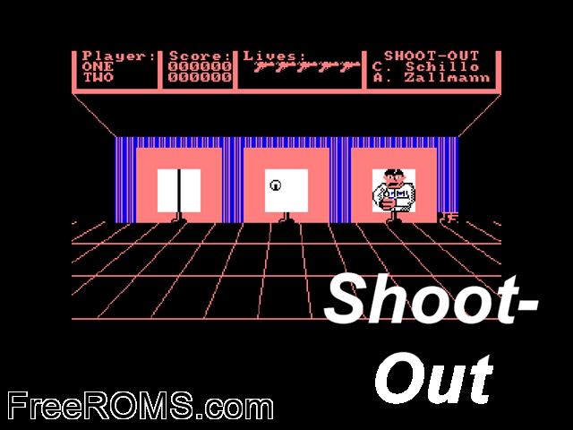 Shoot-Out (G) (1986) Amstrad CPC game showing 3D box cover and gameplay screenshot