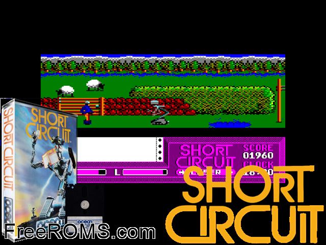 Short Circuit (UK) (1987) Amstrad CPC game showing 3D box cover and gameplay screenshot