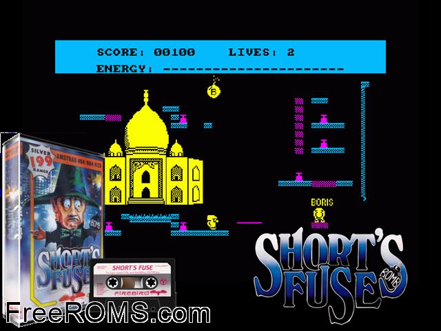 Short's Fuse (UK) (1984) Amstrad CPC game showing 3D box cover and gameplay screenshot
