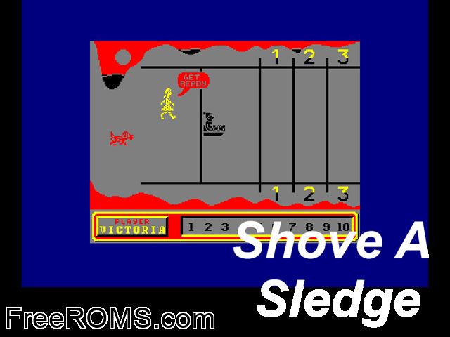 Shove a Sledge (UK) (19xx) Amstrad CPC game showing 3D box cover and gameplay screenshot