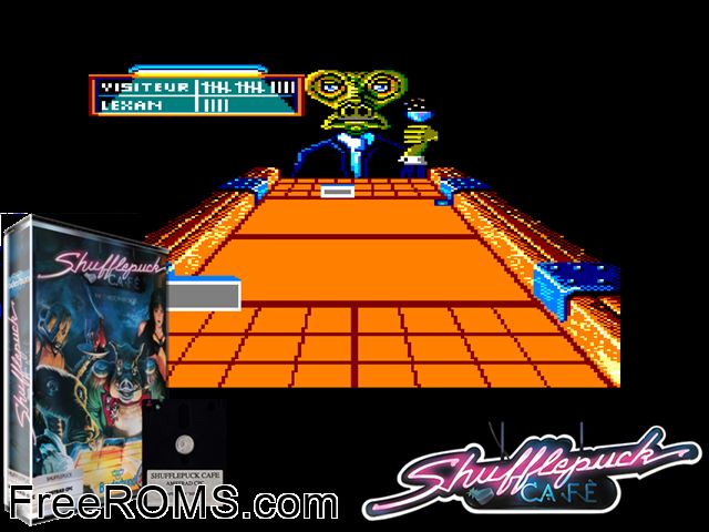 Shufflepuck Cafe (F) (1989) Amstrad CPC game showing 3D box cover and gameplay screenshot