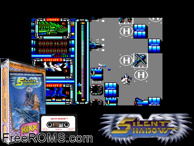 Silent Shadow (S) (1988) Amstrad CPC game showing 3D box cover and gameplay screenshot