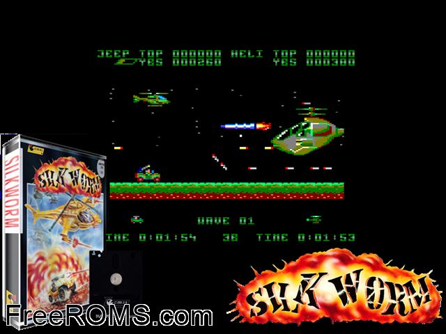 Silkworm (UK) (1988) Amstrad CPC game showing 3D box cover and gameplay screenshot