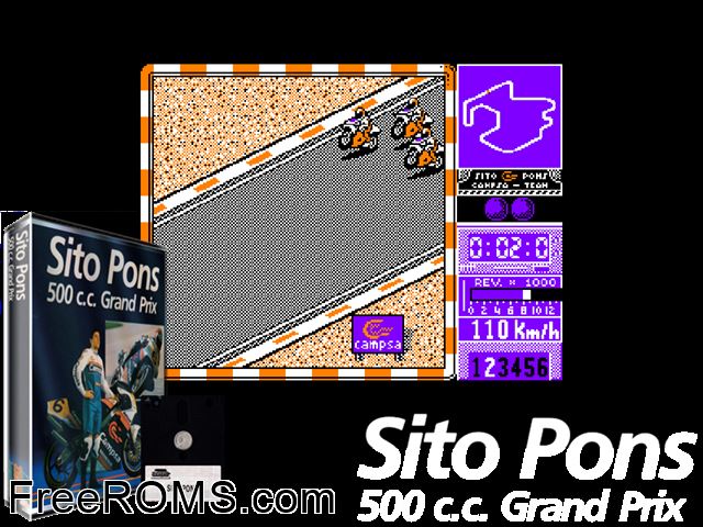 Sito Pons 500CC Grand Prix (S) (1990) Amstrad CPC game showing 3D box cover and gameplay screenshot