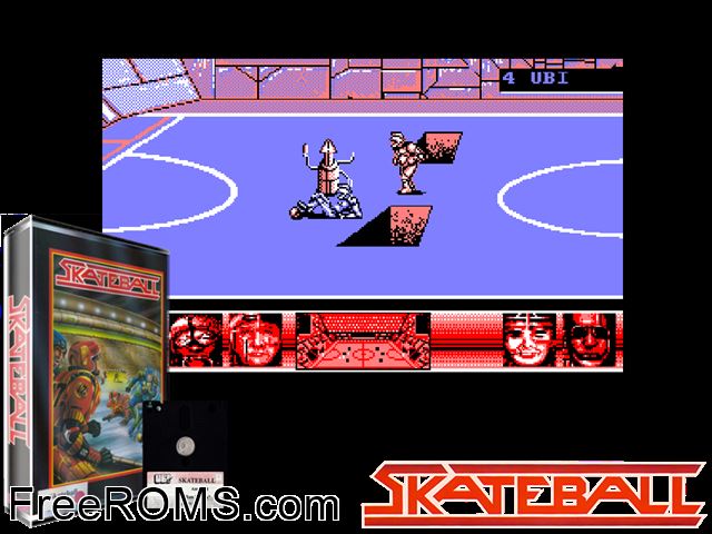 Skate Ball (F) (1989) Amstrad CPC game showing 3D box cover and gameplay screenshot