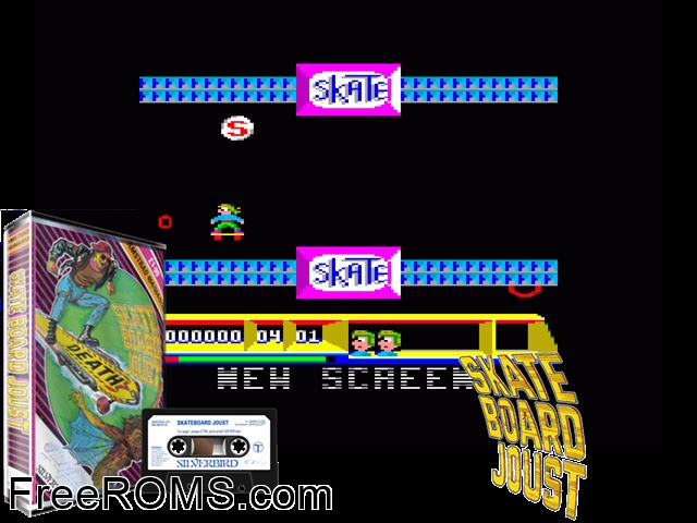 Skateboard Joust (UK) (1988) Amstrad CPC game showing 3D box cover and gameplay screenshot