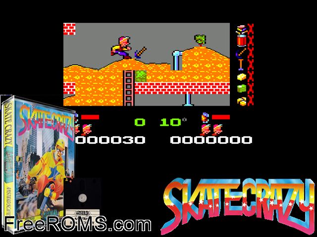 Skate Crazy (UK) (1988) Amstrad CPC game showing 3D box cover and gameplay screenshot