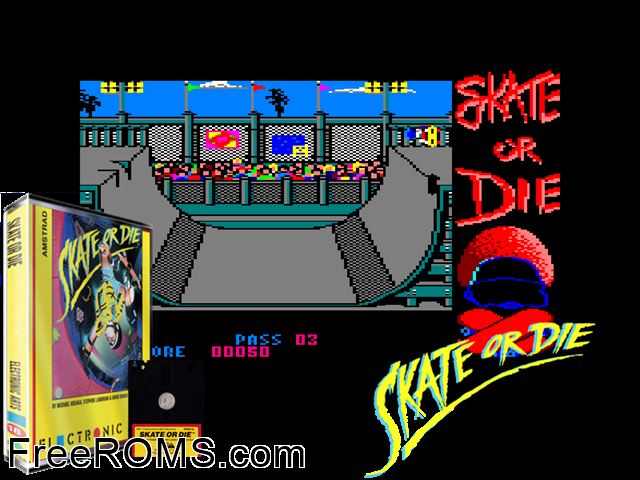 Skate or Die (UK) (1989) (Disk 1 of 2) Amstrad CPC game showing 3D box cover and gameplay screenshot