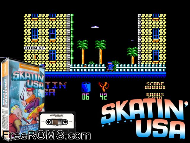 Skatin' USA (UK) (1990) Amstrad CPC game showing 3D box cover and gameplay screenshot