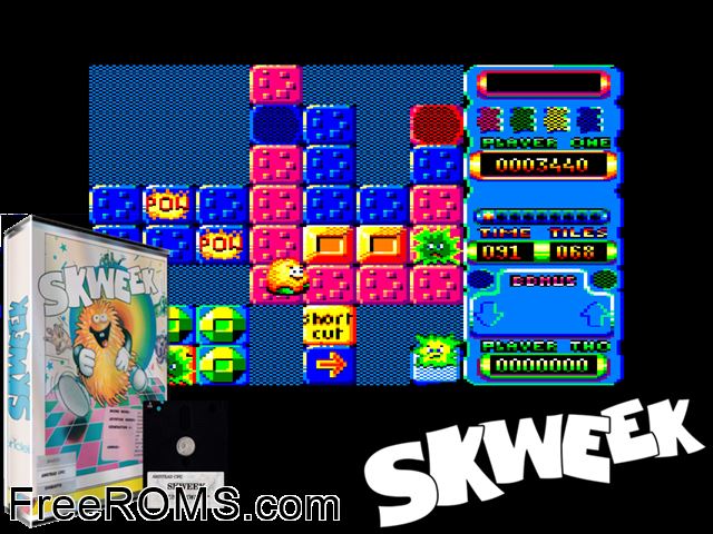 Skweek (F) (1989) Amstrad CPC game showing 3D box cover and gameplay screenshot