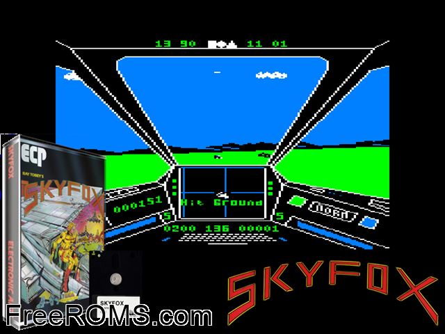 Skyfox (UK) (1985) Amstrad CPC game showing 3D box cover and gameplay screenshot