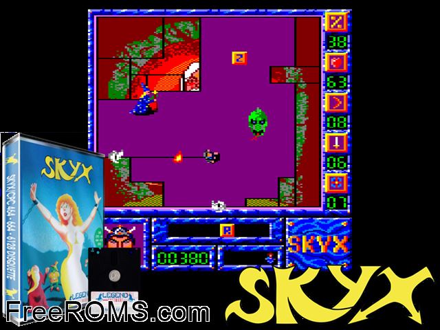 Skyx (F) (1988) (Disk 1 of 2) Amstrad CPC game showing 3D box cover and gameplay screenshot