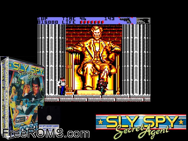 Sly Spy - Secret Agent (UK) (1990) (Disk 1 of 2) Amstrad CPC game showing 3D box cover and gameplay screenshot