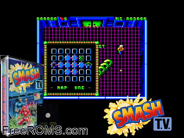 Smash TV (UK) (1991) Amstrad CPC game showing 3D box cover and gameplay screenshot
