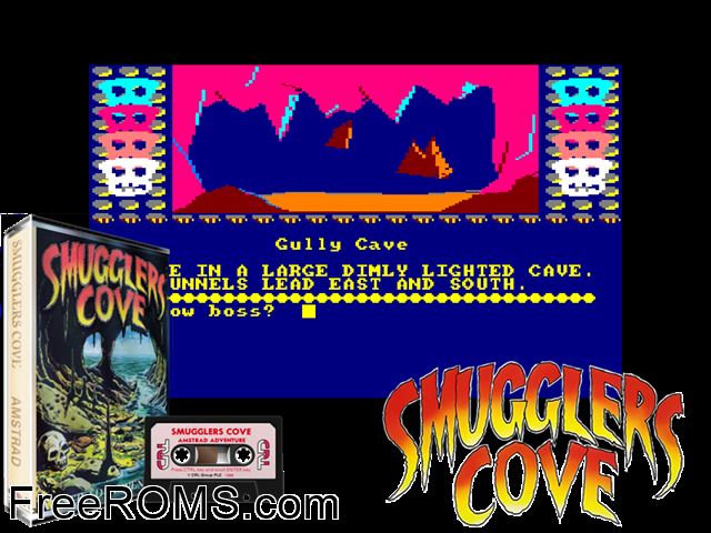Smugglers Cove (UK) (1985) Amstrad CPC game showing 3D box cover and gameplay screenshot