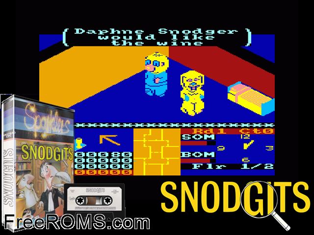 Snodgits (UK) (1985) Amstrad CPC game showing 3D box cover and gameplay screenshot