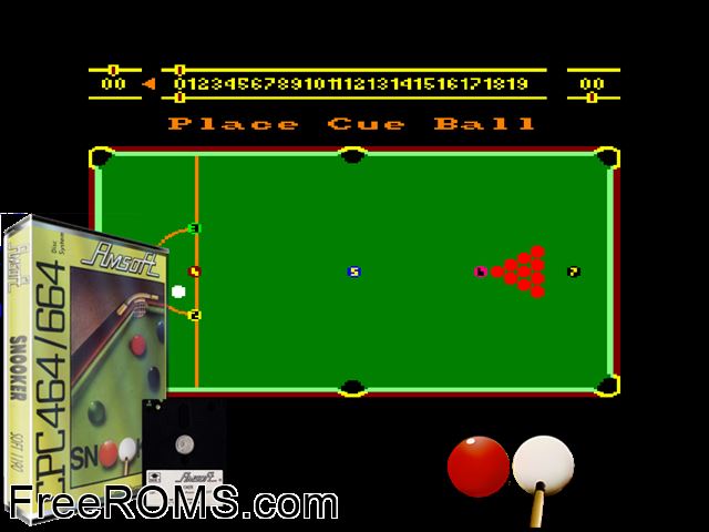 Snooker (UK) (1984) Amstrad CPC game showing 3D box cover and gameplay screenshot