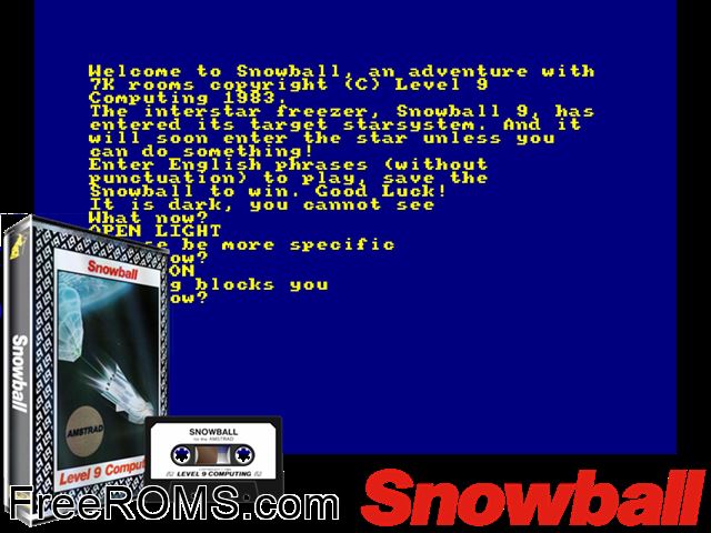 Snowball (UK) (1983) Amstrad CPC game showing 3D box cover and gameplay screenshot